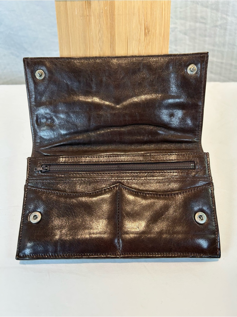 Vintage Espresso Brown Leather Wallet Clutch with Zipper Pocket
